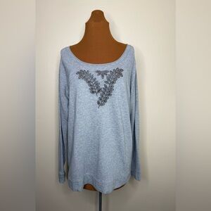 Garnet Hill Lace Cut Out Long Sleeve Rolled Collar Pullover Blouse Size Large